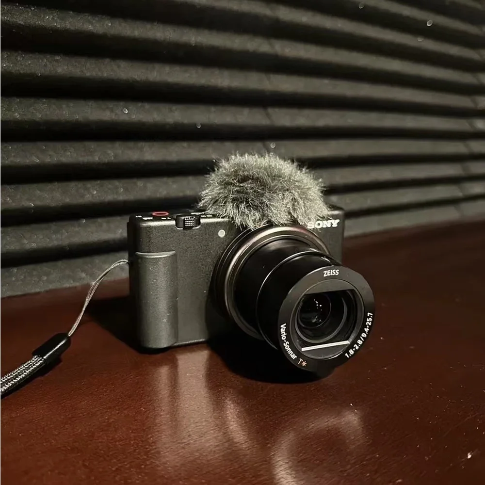 Sony Black Compact Camera with ZEISS Lens and Gray Wind Muff
